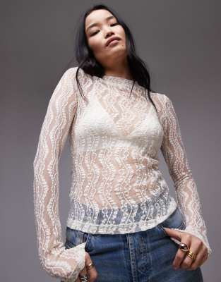 Topshop wave lace high neck top in ivory TOPSHOP