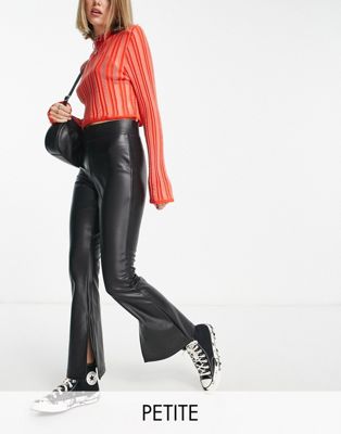 Only Petite faux leather side split flared pants in black Only Petite