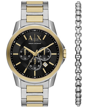 Набор мужских кварцевых часов с хронографом из нержавеющей стали, 44 мм, 2 предмета Armani