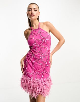 Эксклюзивное розовое платье мини с искусственными перьями Starlet Starlet