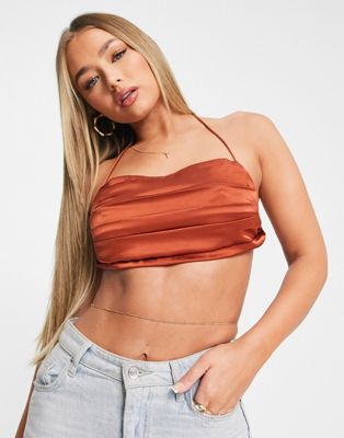 Parallel Lines ruched satin crop top in terracotta Parallel Lines