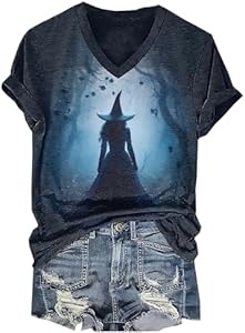 Halloween Witch Print T-Shirt for Women Witches Gather Graphic Tees Vintage Halloween Party Clothes Top Susongeth