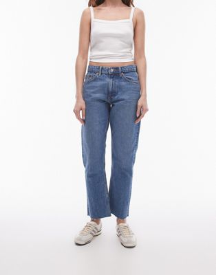 Topshop cropped mid rise straight jeans with raw hems in mid blue TOPSHOP