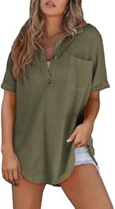 Astylish Women 2025 Waffle Knit Tunic Henley Shirts Solid Color Short Sleeve Dressy Blouses Tops with Pocket Astylish