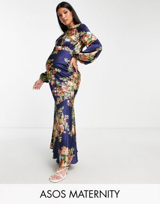 Темно-синее платье макси с высоким воротником и расклешенными манжетами ASOS DESIGN Maternity ASOS Maternity