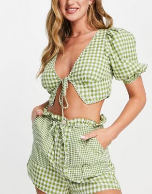 Fashion Union Exclusive tie front crop beach top in olive check - part of a set Fashion Union