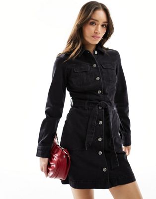 Черное джинсовое платье мини с длинными рукавами и воротником Miss Selfridge Miss Selfridge
