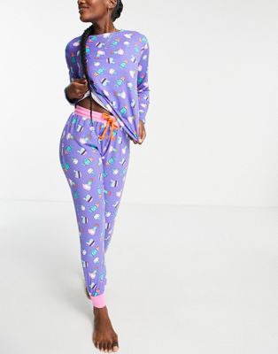 Фиолетовая длинная пижама с изображением кота-кактуса Chelsea Peers Chelsea Peers