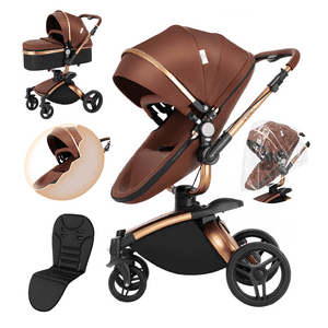 Luxurious Leather Baby Stroller Travel System with Bassinet,Lightweight Foldable,Unisex,Brown Magic ZC