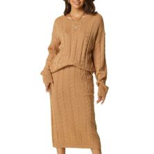Womens' Fall Winter Crewneck Sweater Two Piece Outfit Midi Skirts With Pockets Lounge Set Seta T