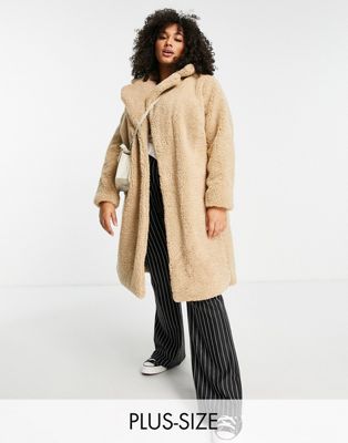 New Look Curve teddy borg coat in camel New Look Plus
