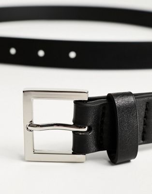 ASOS DESIGN smart faux leather skinny belt with silver buckle in black ASOS DESIGN