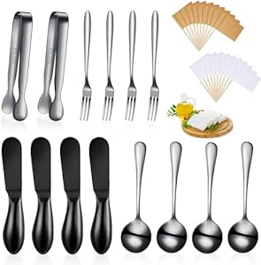 14 Pieces Charcuterie Board Accessories Cheese Spreader Knives Set Stainless Steel Charcuterie Utensils Spreader Knives Mini Serving Tongs Spoons and Forks for Cheese and Pastry Making (Black) Patelai