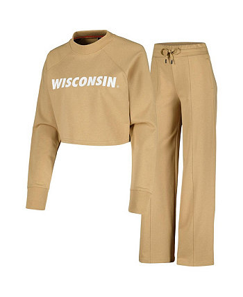 Женский комплект из укороченного свитшота и спортивных штанов светло-коричневого цвета Wisconsin Badgers реглан Kadyluxe