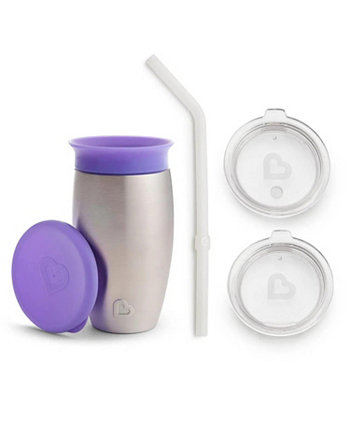 Stainless Steel 360 Sippy Cup and 3 piece Sipper and Straw Lid, Purple Munchkin