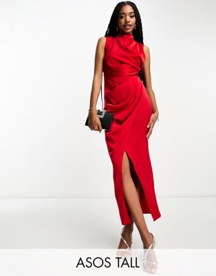 Красное атласное драпированное платье с запахом ASOS DESIGN Tall ASOS Tall