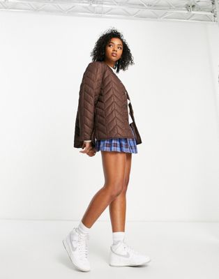 Pieces chevron quilted jacket in chocolate Pieces