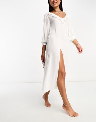Белое пляжное летнее платье с длинными рукавами и рюшами Iisla & Bird Iisla & Bird