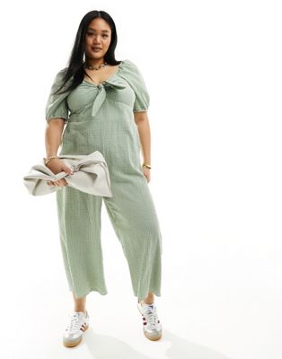 Nobody's Child Plus Simone puff sleeve wide leg jumpsuit in green gingham Nobody's Child