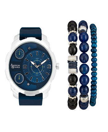 Мужские кварцевые часы с темно-синим резиновым ремешком 55 мм, подарочный набор из 3 браслетов American Exchange