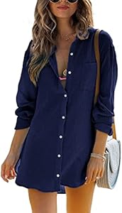 Женское Пляжное Платье и Туника Pretifeel Button Down Shirts Летнее Хлопковое Гаузе с Длинным Рукавом для Купальника Pretifeel