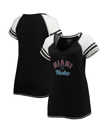 Женская черная футболка Miami Marlins Curvy Colorblock Tri-Blend с v-образным вырезом реглан Soft As A Grape