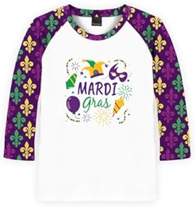 Remimi Boys Girls Mardi Gras Shirts 3/4 Sleeve Fleur De Lis Fat Tuesday Tops 3-12 Years Remimi