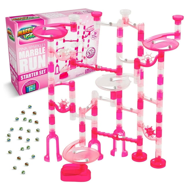 Marble Genius Marble Run Starter Set STEM Toy for Kids Ages 4 - 12 - 130 Complete Pieces (80 Translucent Marbulous Pieces and 50 Glass Marbles), Construction Building Block Toys, Pink, Marble Genius