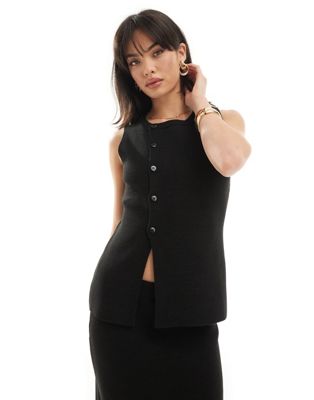 ASOS DESIGN knitted asymmetric button front vest with split in black ASOS DESIGN