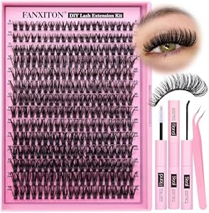 FANXITON DIY Lash Extension Kit Fluffy Lash Clusters 288 pcs Thick Lash Clusters Kit D Curl 10-18 mm Cluster Eyelash Extension Kit with Lash Bond and Seal Lash Tweezers Individual Lashes For Beginners FANXITON