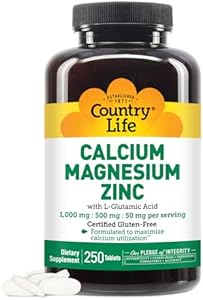 Country Life Calcium Magnesium Zinc with Vitamin D3 and L-Glutamic Acid, Dietary Supplement for Bone Support, Certified Gluten Free, 1000mg/500mg/25mg, 90 Tablets Country Life