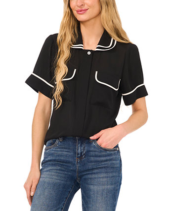 Women's Double Collar Tipped Short Sleeve Blouse CeCe