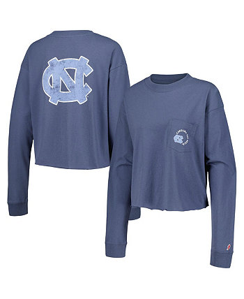 Женская темно-синяя укороченная футболка миди с длинными рукавами и рваными принтами на каблуках North Carolina Tar Heels League Collegiate Wear