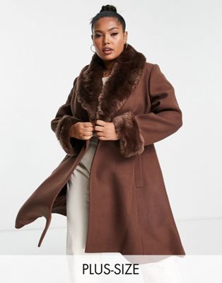 Ever New Curve faux fur collar coat with cuffs in chocolate Ever New Curve