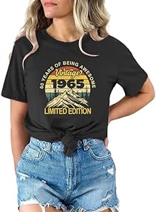 60th Birthday Shirts for Women Vintage 1965 T Shirts 60th Birthday Party T-Shirt Casual Tee Tops YHHR