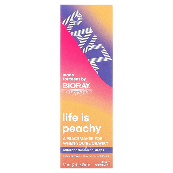 Rayz, Life Is Peachy, травяные капли для подростков, персик, 2 жидких унции (59 мл) Bioray