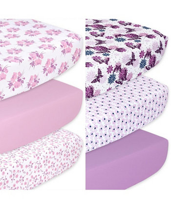 Простыни для кроватки для девочек с розовым цветочным принтом и фиолетовыми бабочками, набор из 6 штук, розовый, фиолетовый The Peanutshell