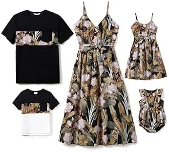 PATPAT Family Matching Outfits Mommy and Me Dresses Hawaiian Tropical Vacation Beach Spaghetti Strap Dress and Shirt Patpat