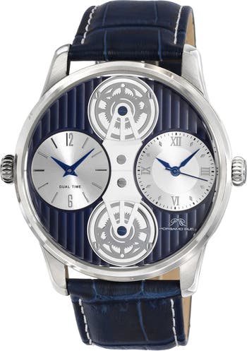 Мужские часы Benedict с двойным механизмом и ремешком с тиснением под крокодила, 46 мм Porsamo Bleu