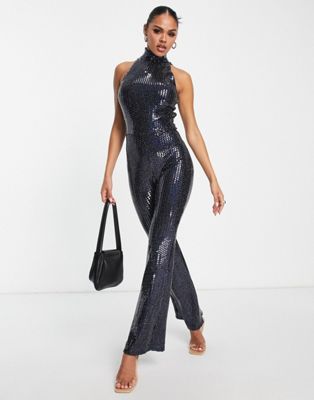 First Distraction The Label sequin high neck jumpsuit in black First Distraction