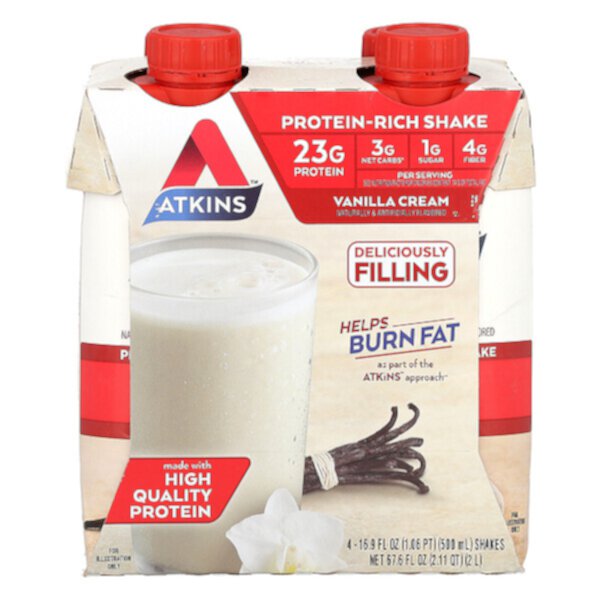 Protein-Rich Shake, ванильный крем, 4 коктейля, 16,9 жидких унций (500 мл) каждый Atkins