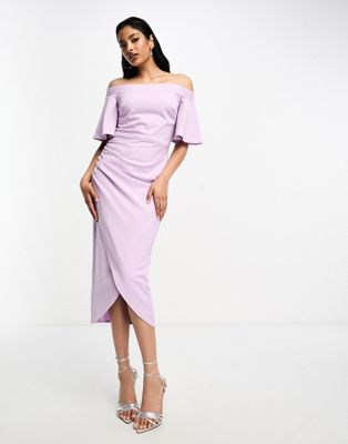 Платье миди с открытыми плечами и юбкой с запахом True Violet лавандового цвета True Violet