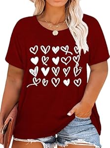 Plus Size Valentines Shirts for Women Heart Print Graphic Tees Teacher Valentine Shirt Casual Tops QAUN