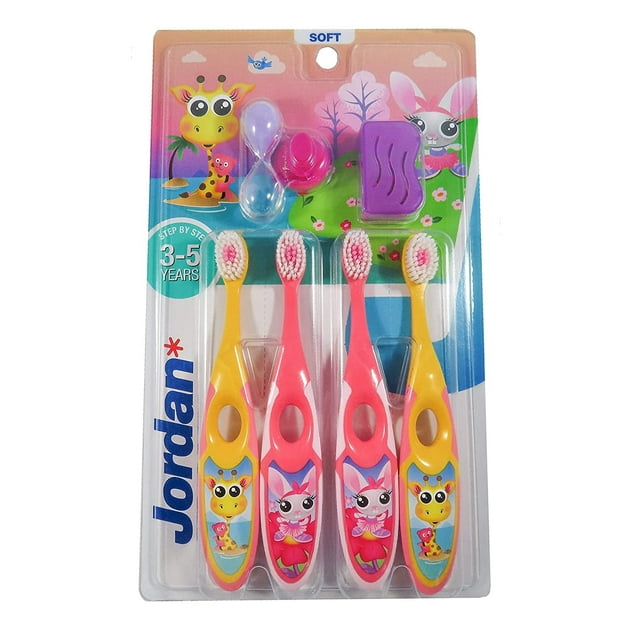 Jordan* Step 2 Kids Toothbrush, 3-5 Years, Soft Bristles, BPA Free (4 Pack) Pink & Yellow Jordan