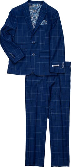 Navy Windowpane Two Button Notch Lapel Slim Fit Stretch Suit Isaac Mizrahi New York