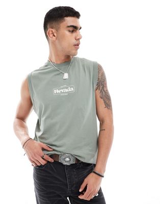 ONLY & SONS oversized tank with Black Rock back print in sage green Only & Sons