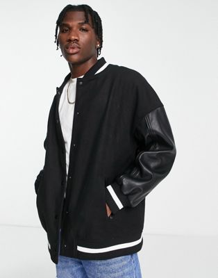 Черная университетская куртка из мелтона и искусственной кожи Urbancode Urbancode
