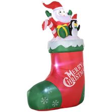 Outsunny 5ft Christmas Inflatable Santa and Penguin Standing in Sock with Candy Cane Gift Box, Blow-Up Outdoor LED Yard Display for Lawn Garden Party Outsunny