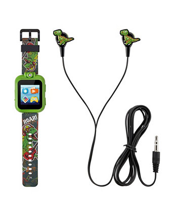 Детские смарт-часы Rockstar с зеленым динозавром и силиконовым ремешком, сенсорным экраном, 42 мм, подарочный набор с наушниками Playzoom