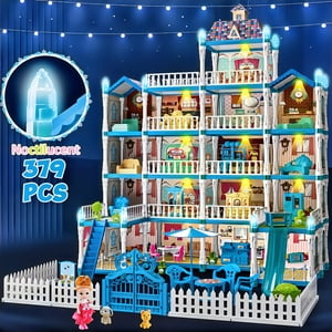 HopeRock 379 Pcs Princess Dollhouse for Girls, Light up Frozen Garden DIY Set, 17 Rooms w/ Doll, Puppies, Furniture, Accessories, Toddler Birthday Christmas Playhouse Gift Toys for Girls 3 4 5 6+ HopeRock